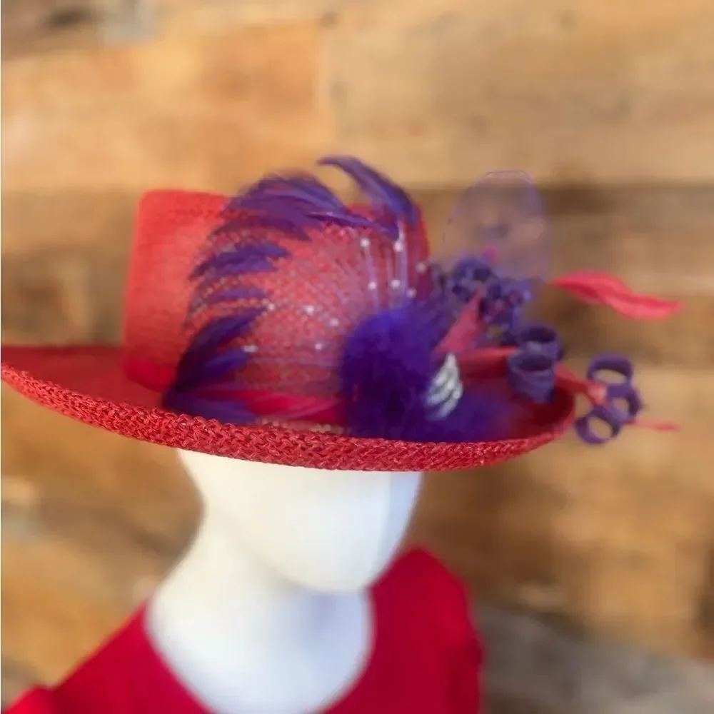 Custom Red Derby Hat Purple Feathers Rhinestones Netting Church Tea Party Events